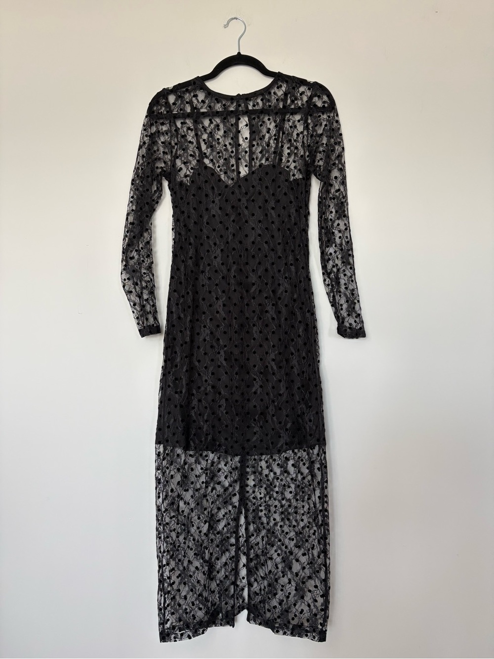 Chelsea 28 Black Sheer Polka Dot Mesh Midi Dress Long Sleeve Layered Romantic